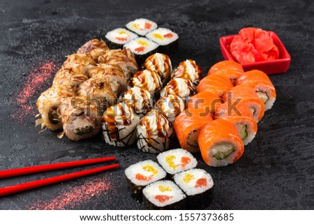 japanese sushi on black background.