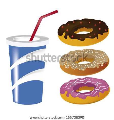 three different delicious donuts with a drink in white background