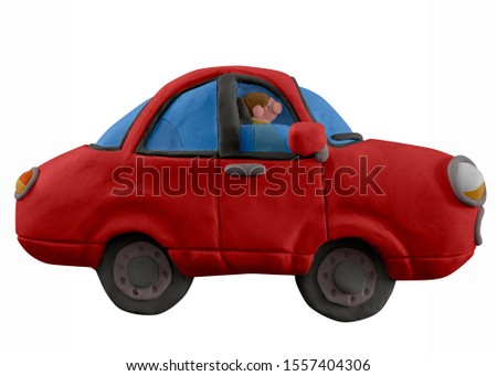 Red car handmade with play dough or clay. Isolated on white background.– Image
