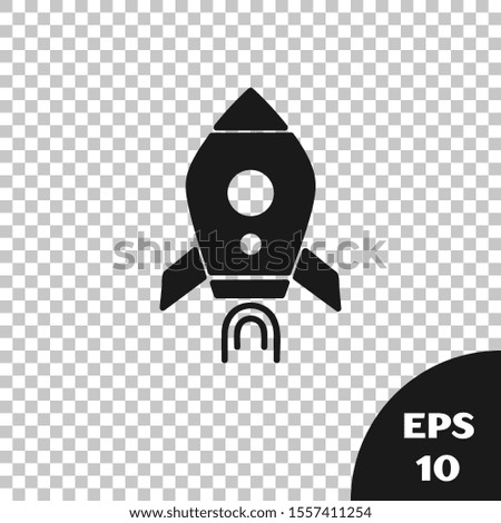 Black Rocket ship with fire icon isolated on transparent background. Space travel.  Vector Illustration