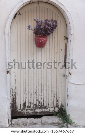 Old wooden door in the wall of old building
