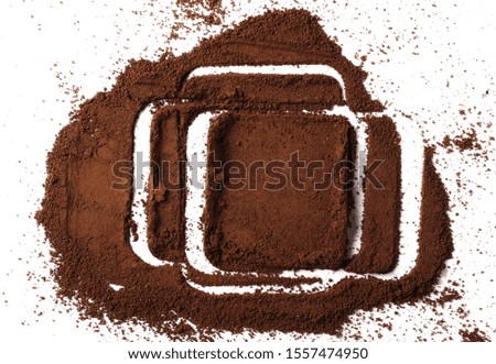 Instant powdered coffee for espresso frame isolated on white background, top view