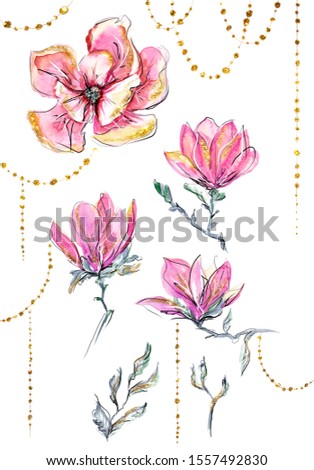 Watercolor Pink Magnolia and Golden Beads Clip Art, Floral Decoration Set, Romantic Style Design, Hand Drawn Sketches