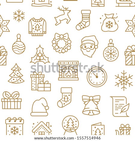 Christmas, new year seamless pattern, line background, winter holiday illustration. Vector icons of pine tree, gift, letter to santa, presents, snow. Celebration xmas party gold white ornament.