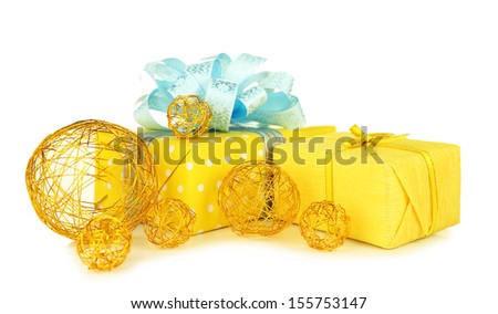 Gifts with christmas decorations, isolated on white