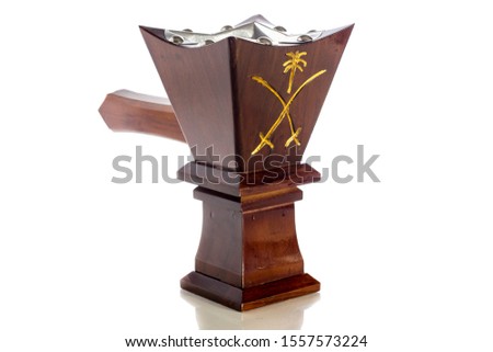 Wooden "bakhoor" burner. Arabic unique perfume burner case.  Royalty-Free Stock Photo #1557573224
