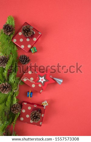 Christmas green pine branches frame with decorations