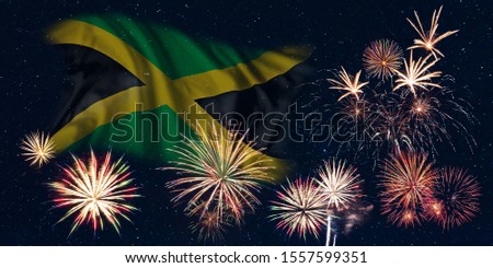 Holiday sky with fireworks and flag of Jamaica, independence day of country