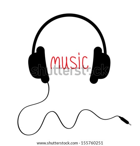 Black headphones with cord and red word Music.  Card. Vector illustration.