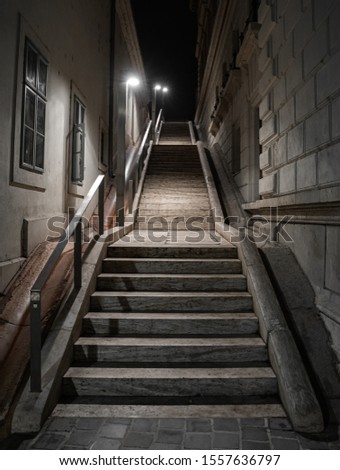 Stone stairs at night in downtown. Mystical scary vibe. Nobody on the picture. Lamps on the side. 
