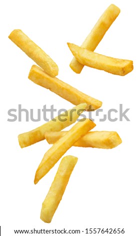 Flying french potato fries, isolated on white background Royalty-Free Stock Photo #1557642656