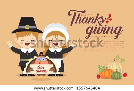 Thanksgiving template or copy space. Cute cartoon pilgrim boy & girl with turkey bird holding thanksgiving sign isolated on brown background. Thanksgiving character in flat vector illustration.
