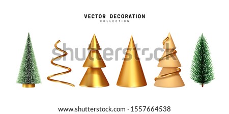 Set of Christmas tree. 3d render collection of golden and beige sharp cone shapes, lush pine and spruce green tree. abstract decorative. Xmas object isolated on white background. vector illustration