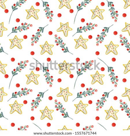 Watercolor christmas pattern with cute stars, christmas decorations and sweets. Seamless background on a Christmas theme.