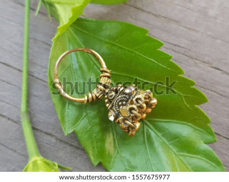 gold metal earring on green background