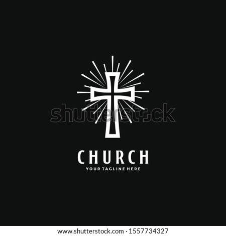 Church Christian logo design. Catholic cross and sunburst. Vector illustration