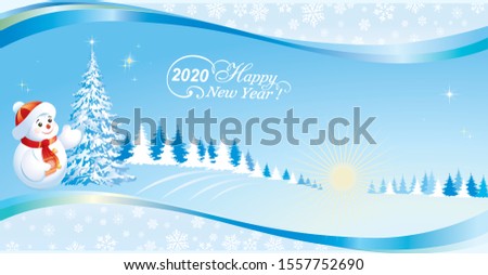  Happy New Year 2020. Christmas tree and snowman on background of nature with a wavy pattern and snowflakes. Vector illustration