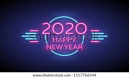 Happy new year 2020 in neon light text circle on red and blue color background