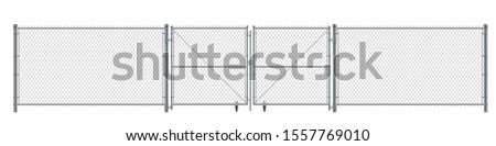 Realistic metal wire fence and gate. Prison barrier or security fence. Royalty-Free Stock Photo #1557769010