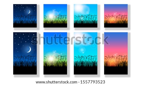 Set realistic beautiful colorful nature landscapes, silhouette black grass and different clear sky night, morning, afternoon, evening. Part of the day in summer. Vector illustration stock.