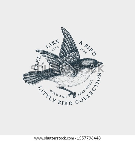 Vintage label with ink hand drawn flying bird. Vector illustration.