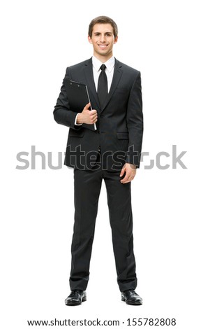 Full-length portrait of businessman with folder, isolated on white. Concept of leadership and success