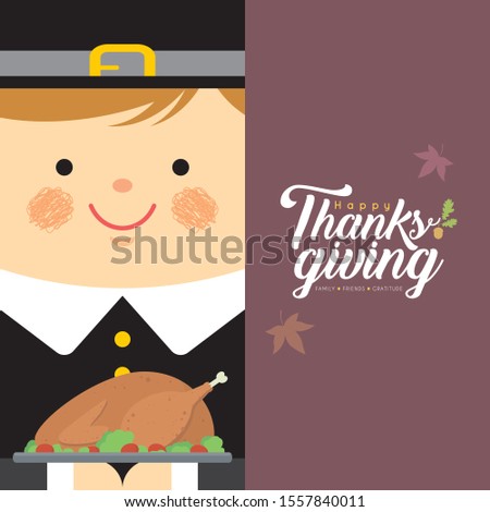Cute cartoon pilgrim boy holding roasted turkey in flat design. Vector thanksgiving character design. Greeting template design for label, tag, bookmark, card or print.