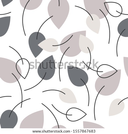 Decorative seamless pattern with grey, beige and creamy simple flat leaves on white background. Ideall for fabric, wallpaper, wrapping paper, pattern fills, textile, web page textures. Vector Eps 10