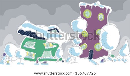 Winter town. Two houses. Girl looking at a snowman. A woman carries a child on a sled. Boy clinging snow caterpillar.