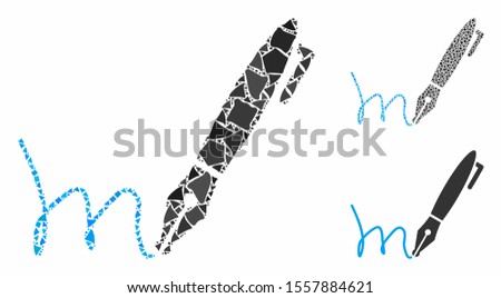 Pen signature composition of abrupt pieces in various sizes and shades, based on pen signature icon. Vector abrupt elements are composed into collage. Pen signature icons collage with dotted pattern.