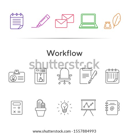 Workflow icon set. Line icons collection on white background. Office, workspace, brainstorming. Conference concept. Can be used for topics like stationery, business essentials, planning