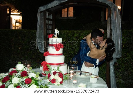 Young married couple with wedding cake in Torri del Benaco, Italy. They kiss happy in the outdoors at night.