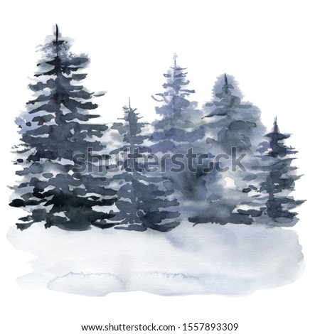 Watercolor winter forest. Hand painted foggy fir trees illustration isolated on white background. Holiday clip art for design, print, fabric or background. Christmas card