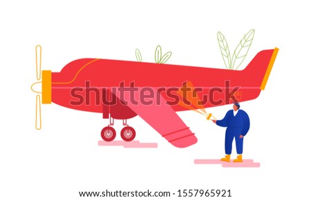 Engineer Inspecting Airplane Fuselage Lighting on Plane Body with Flashlight Searching Damages before Flight. Mechanical Inspection Maintenance of Propeller Aircraft. Cartoon Flat Vector Illustration