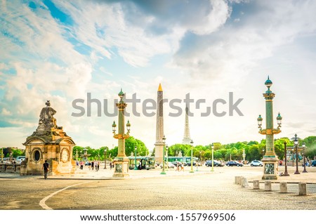 Eiffel Tower and The Obelisk from Place de la Concorde, Paris, France, toned