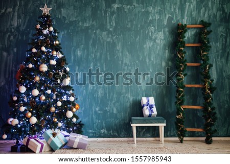 Christmas tree with gifts lights garlands new year festive background