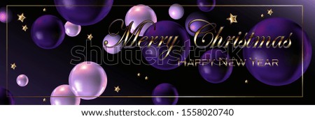 Christmas banner with the inscription Merry Christmas. Vector illustration of pearls on a purple background.