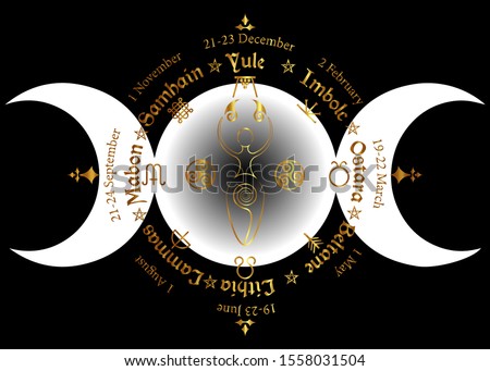 triple moon Wicca pagan goddess, wheel of the Year is an annual cycle of seasonal festivals. Wiccan calendar and holidays. Compass with spiral goddess of fertility, names in Celtic of the Solstices Royalty-Free Stock Photo #1558031504