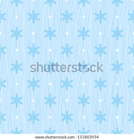 Winter seamless pattern. Blue snowflake and polka dot on wavy background 