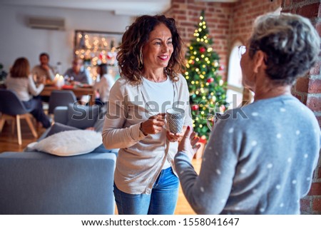 Family and friends dining at home celebrating christmas eve with traditional food and decoration, women talking together happy and casual