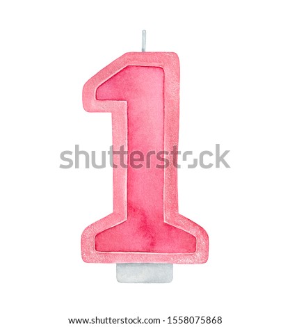 Watercolour illustration of pink "Number 1" candle decorated with tiny silver glitter. One single object. Handdrawn water color painting, cutout clip art element for design, invitation, greeting card.