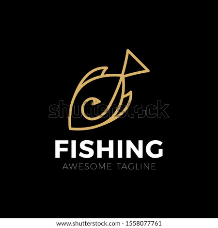 Big fish catch vector logo template. Fishing club or fisher market and fishery industry isolated icon or sign of tuna or salmon fish on rod hook.