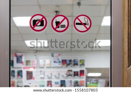 prohibition signs no photo no food and no smoking. stickers shop rules