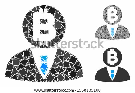 Bitcoin manager mosaic of raggy pieces in different sizes and color tinges, based on Bitcoin manager icon. Vector raggy pieces are united into collage.