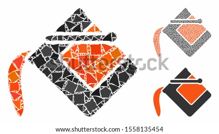 Flood fill composition of tuberous pieces in different sizes and color tinges, based on flood fill icon. Vector raggy pieces are united into composition. Flood fill icons collage with dotted pattern.