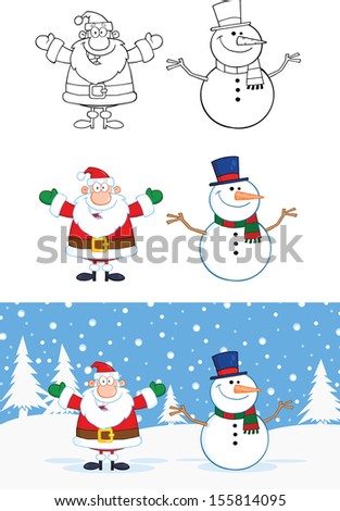 Santa Claus And Snowman Cartoon Characters. Raster Collection Set