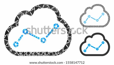Chart cloud mosaic of rough pieces in variable sizes and color hues, based on chart cloud icon. Vector tuberous pieces are grouped into collage. Chart cloud icons collage with dotted pattern.