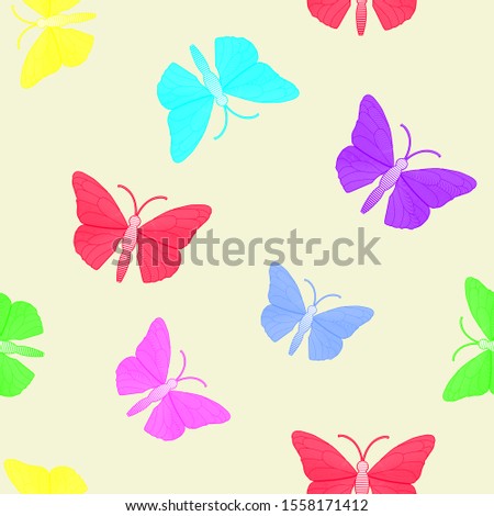 Seamless pattern. Multicolored guilloche butterflies on a yellow background EPS10