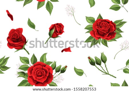 Red rose flower and soft petals elements vector seamless pattern. Happy mother day, girls birthday, Valentines day. Gift box white paper design