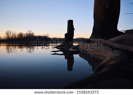 This picture was taken right as the sun was just about to set. It is a silhouette/reflection of a fallen tree in the water.